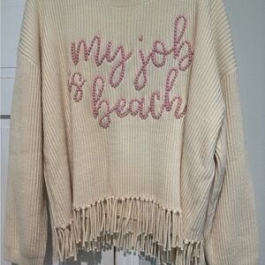 QOS My Job Is Beach fringe sweater